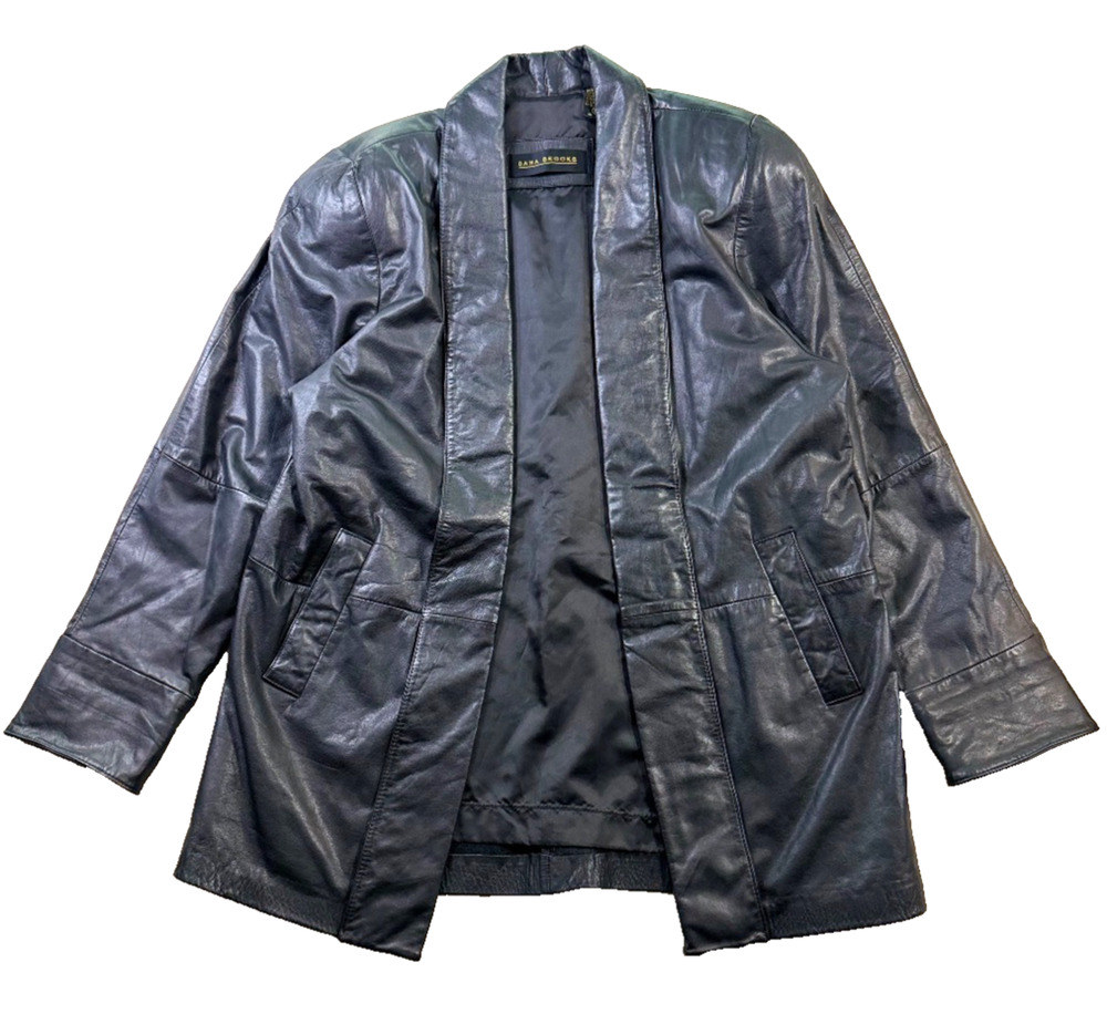 Dana Brooke Vintage Black Leather Open Front Shawl Collar Jacket Womens 8 EUC